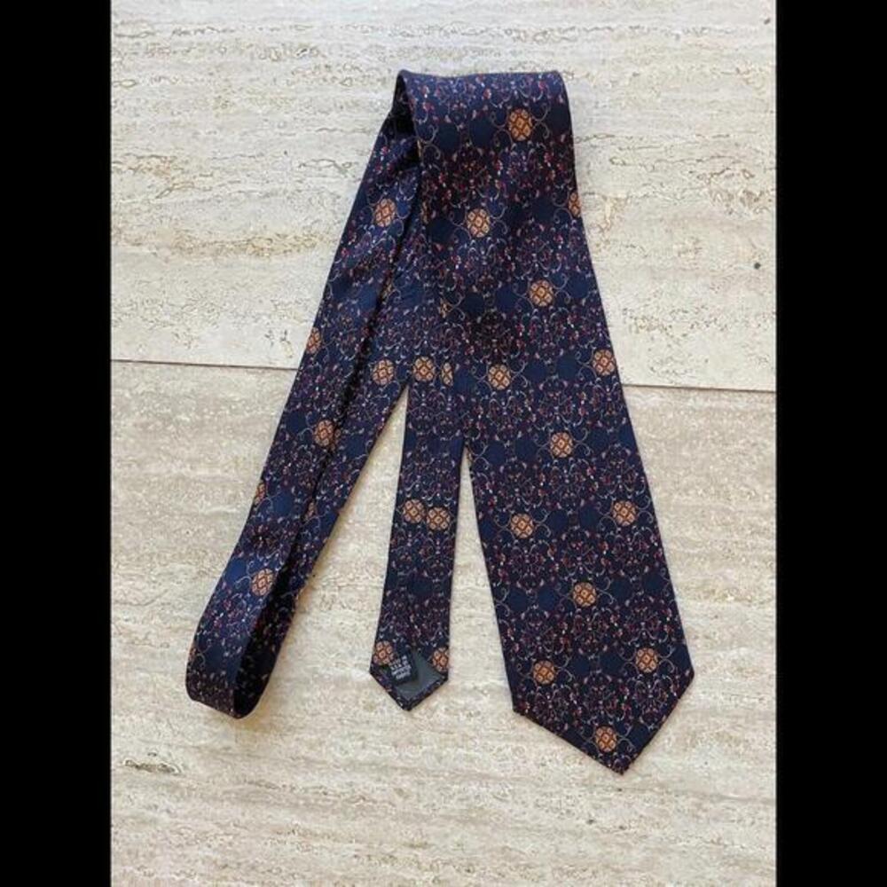 Vtg Christian Dior Navy Blue Ornaments Pure Silk Tie